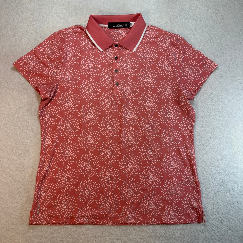 RLX Ralph Lauren Womens Tailored Fit Polo Shirt Coral Pink Floral Burst Large